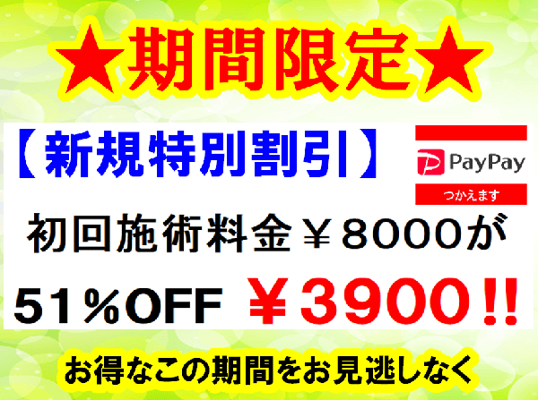 新規限定 初回施術料金51%OFF ¥3900