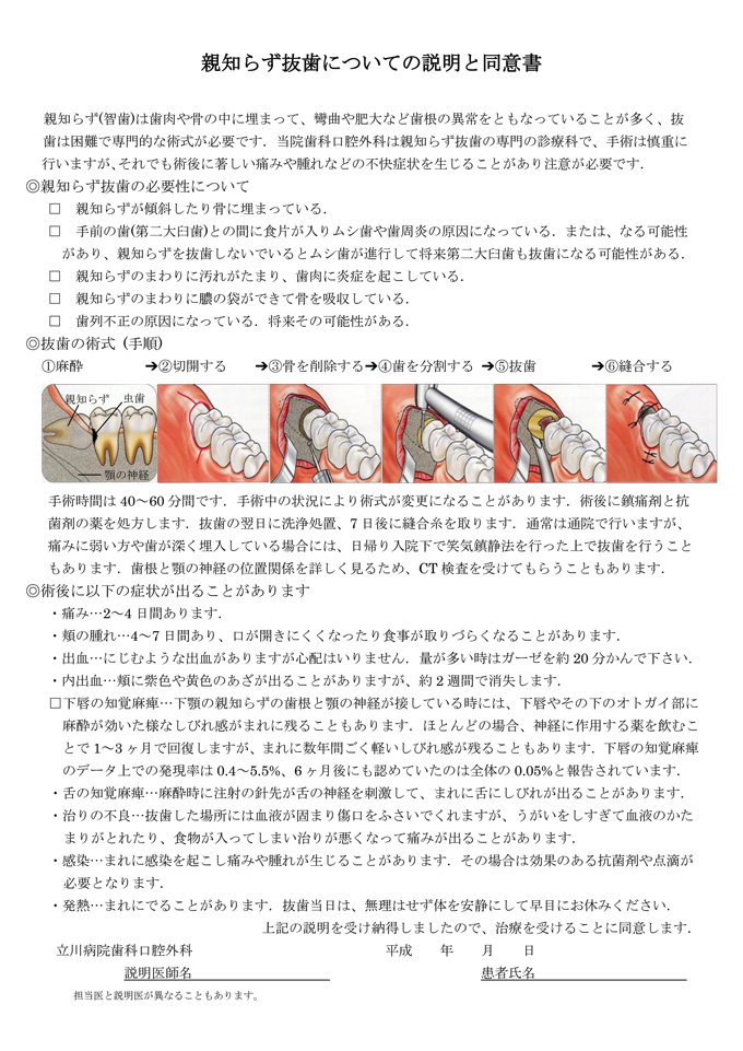 親知らず抜歯の説明と同意書